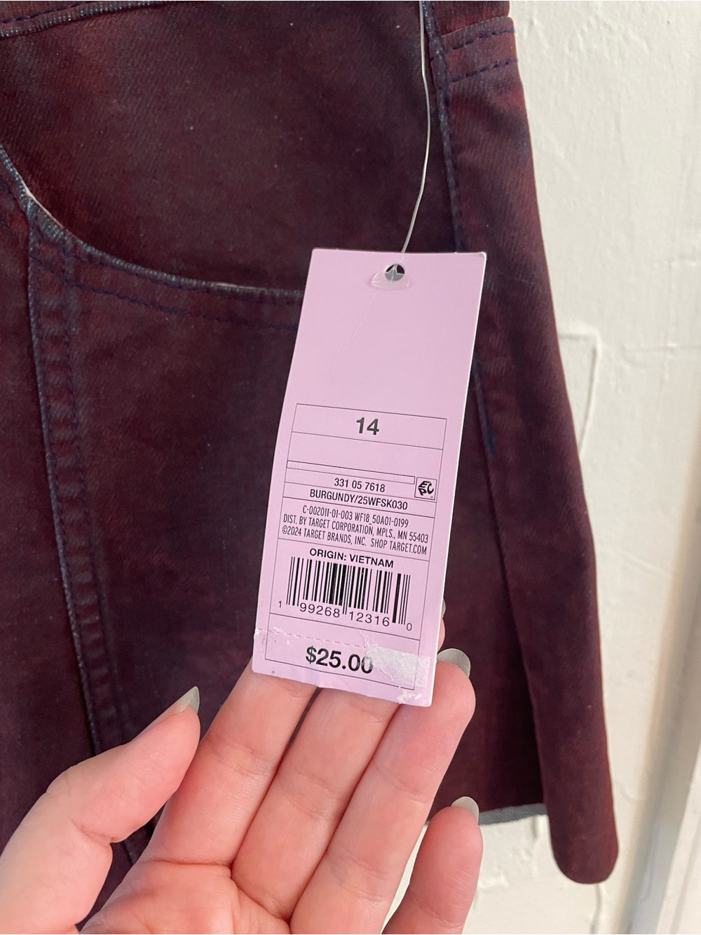 Flocked Denim Mini Skirt in Deep Burgundy - Picture 4 of 12